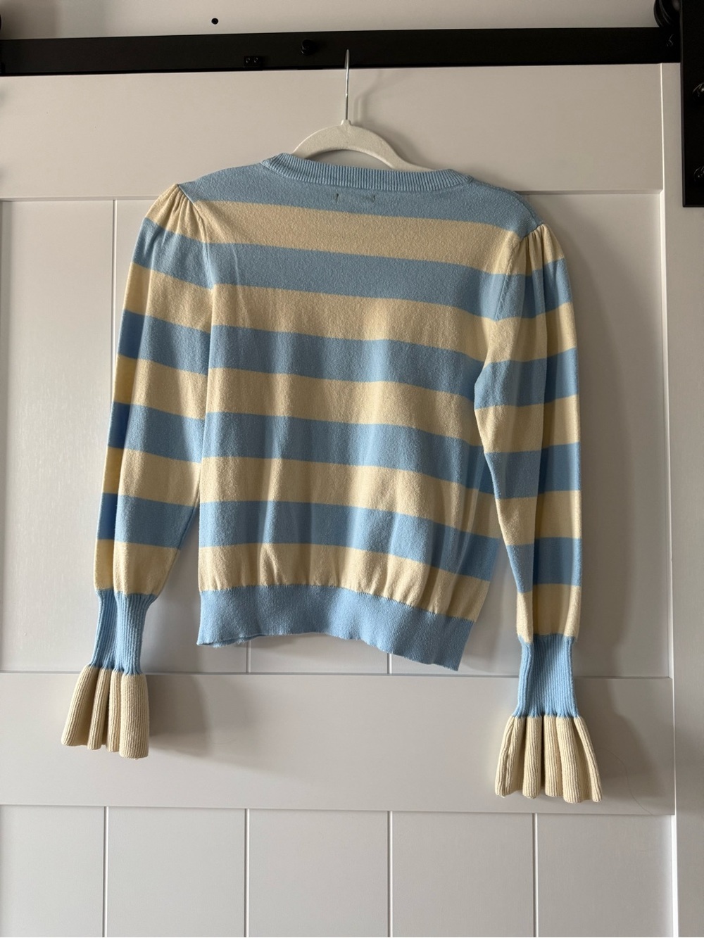 Who What Wear Women’s Blue and Cream Striped Bell Sleeve Pullover Sweater - Picture 6 of 7